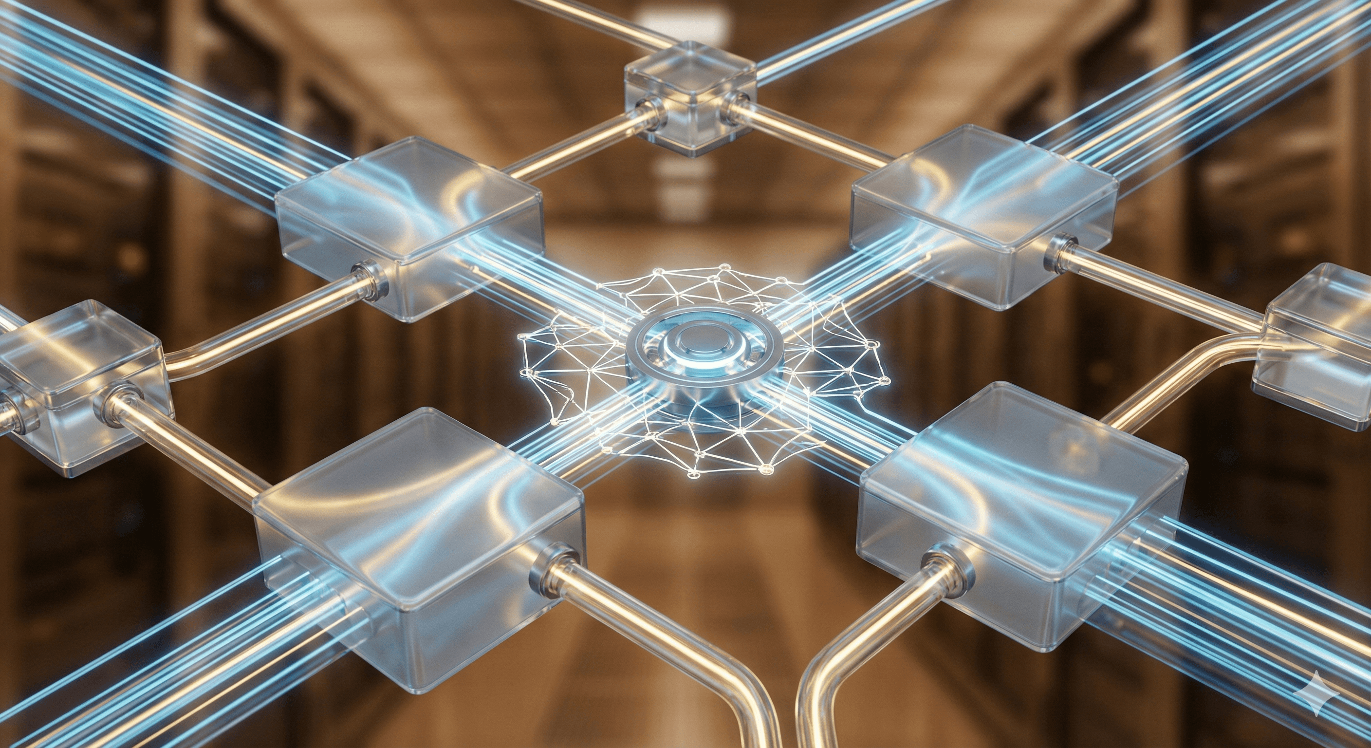 A futuristic digital network system with intersecting glowing blue lines and transparent cubes, representing complex API integration.