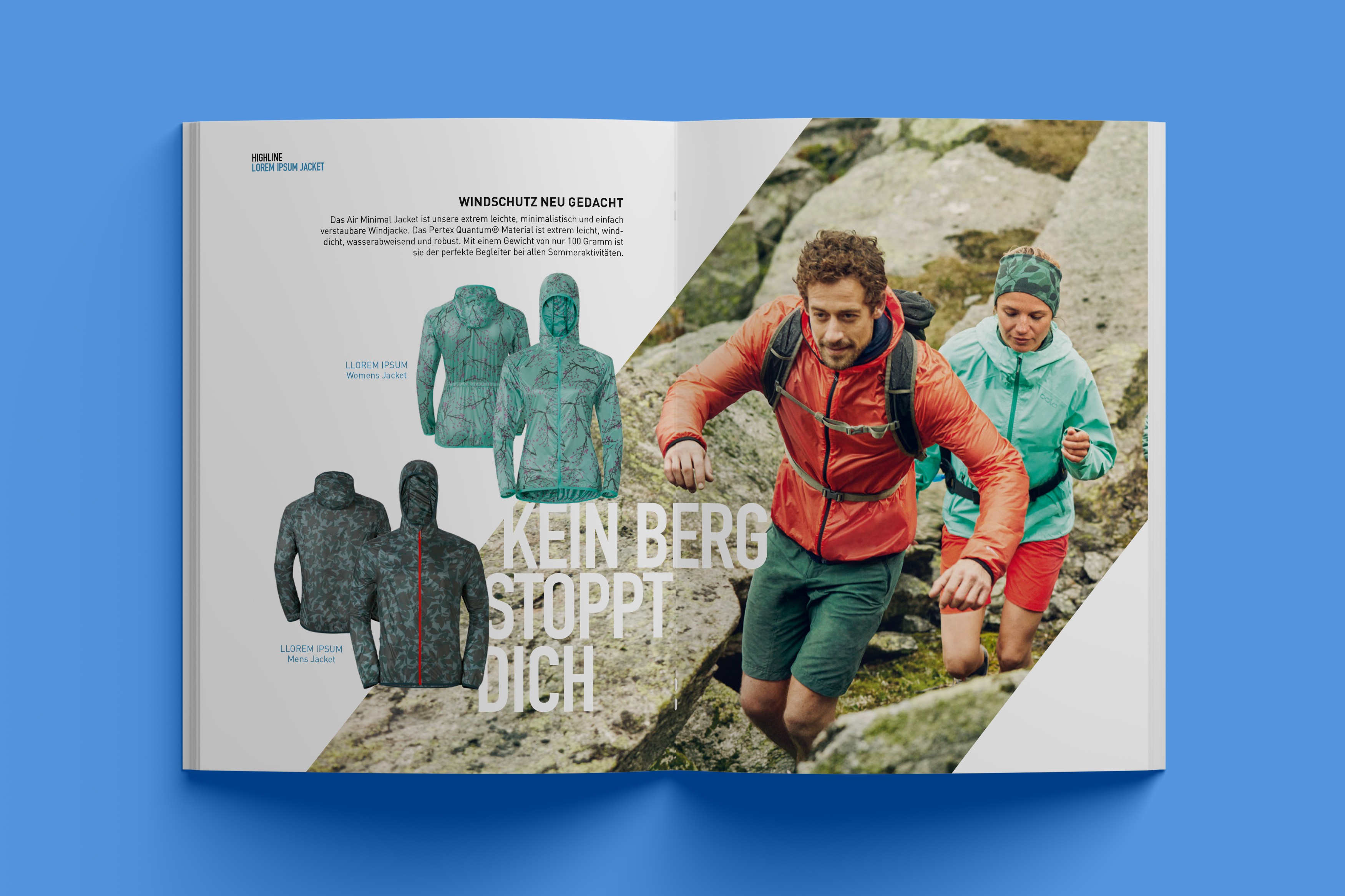 Doppelseite des Odlo Katalogs – präzises Layout mit ausgewogener Verbindung von Kmapagnen- sowie Produktfotografie und Typografie