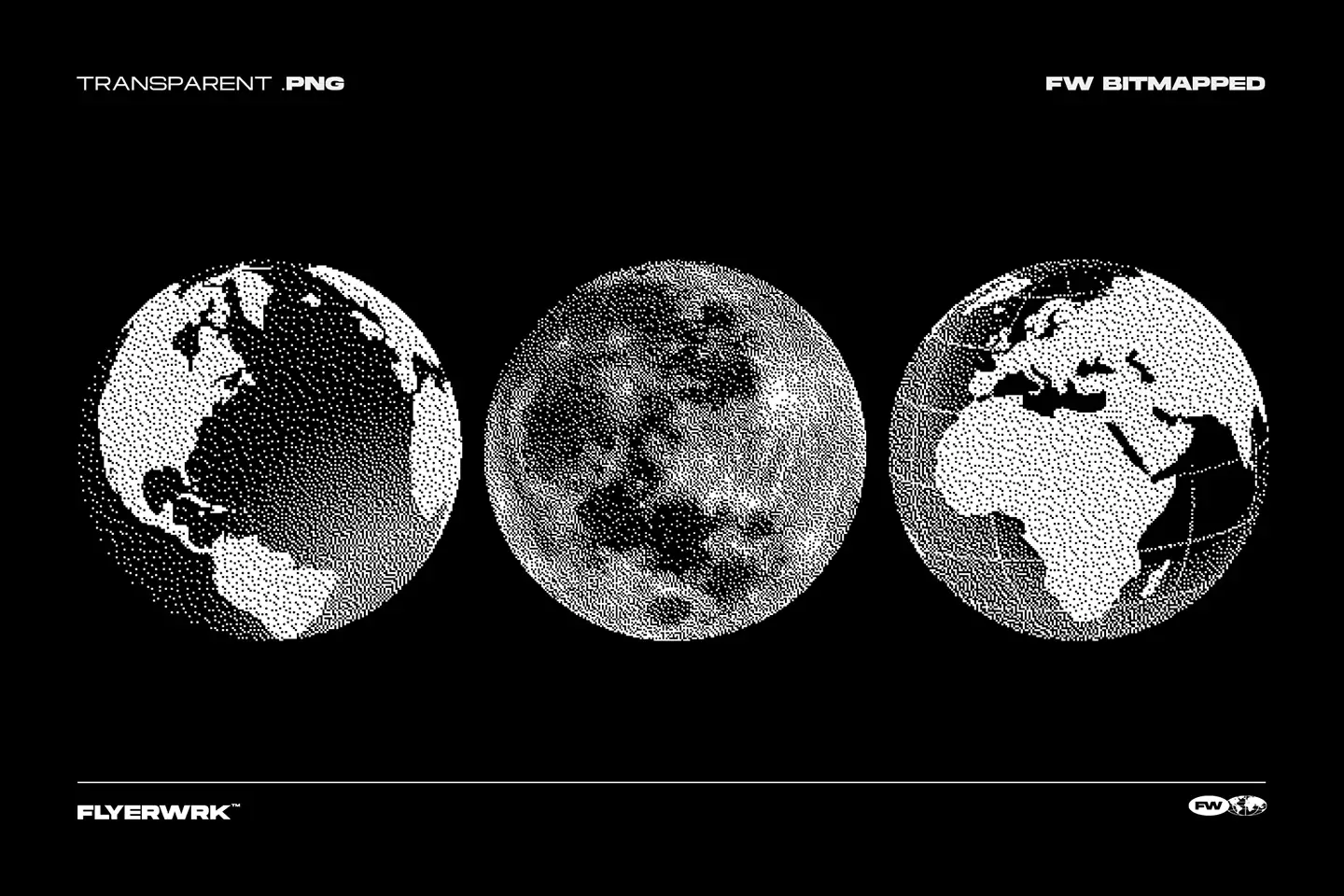 Bitmapped design elements featuring realistic moon and earth globes in a retro bitmapped style