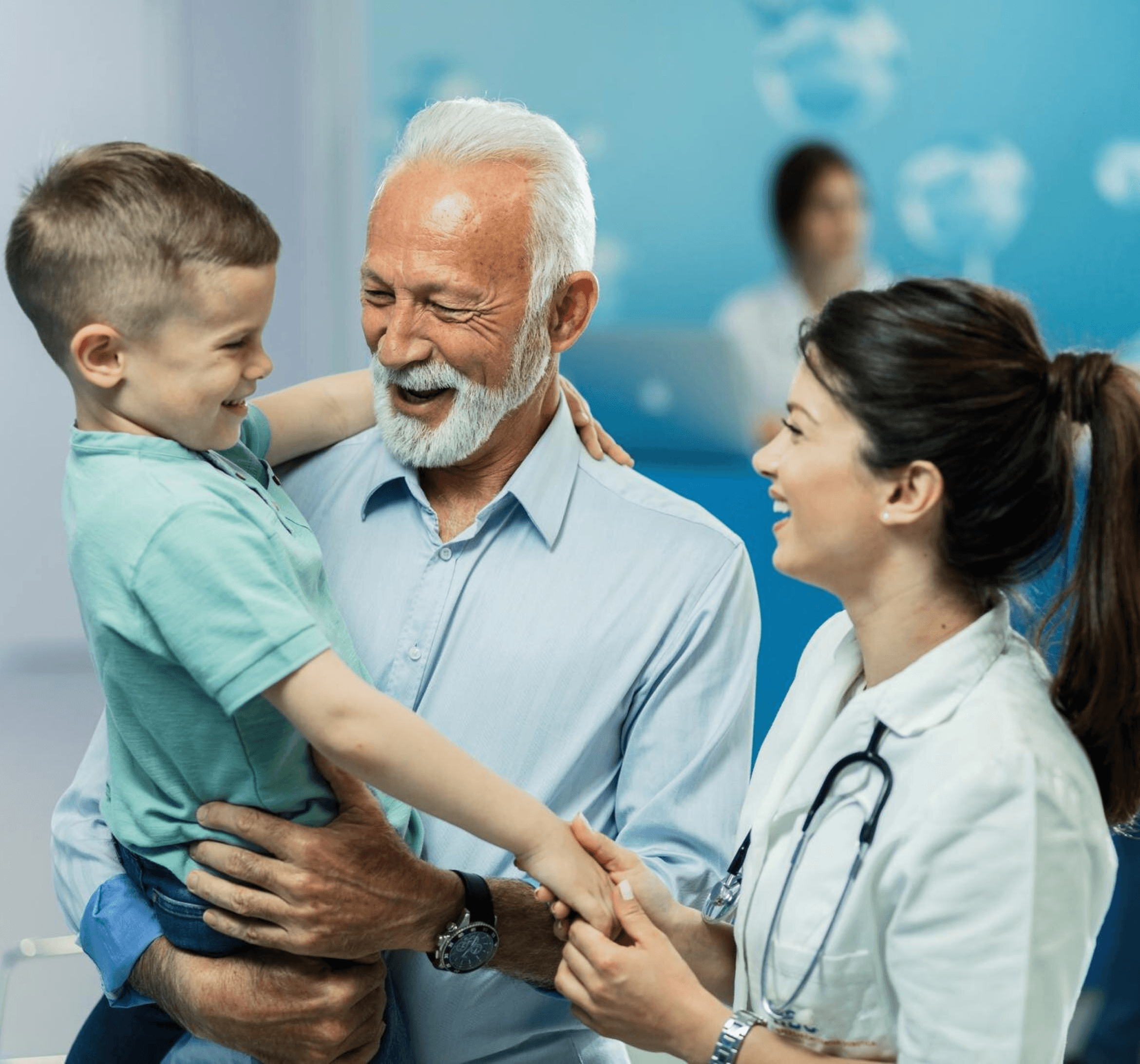 Doctor greeting elderly man and child
