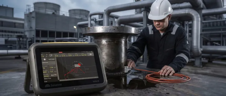 Glospech technician performing ultrasonic testing on pipe flange nozzle weld with angle beam probe and digital UT instrument, industrial plant Gauteng
