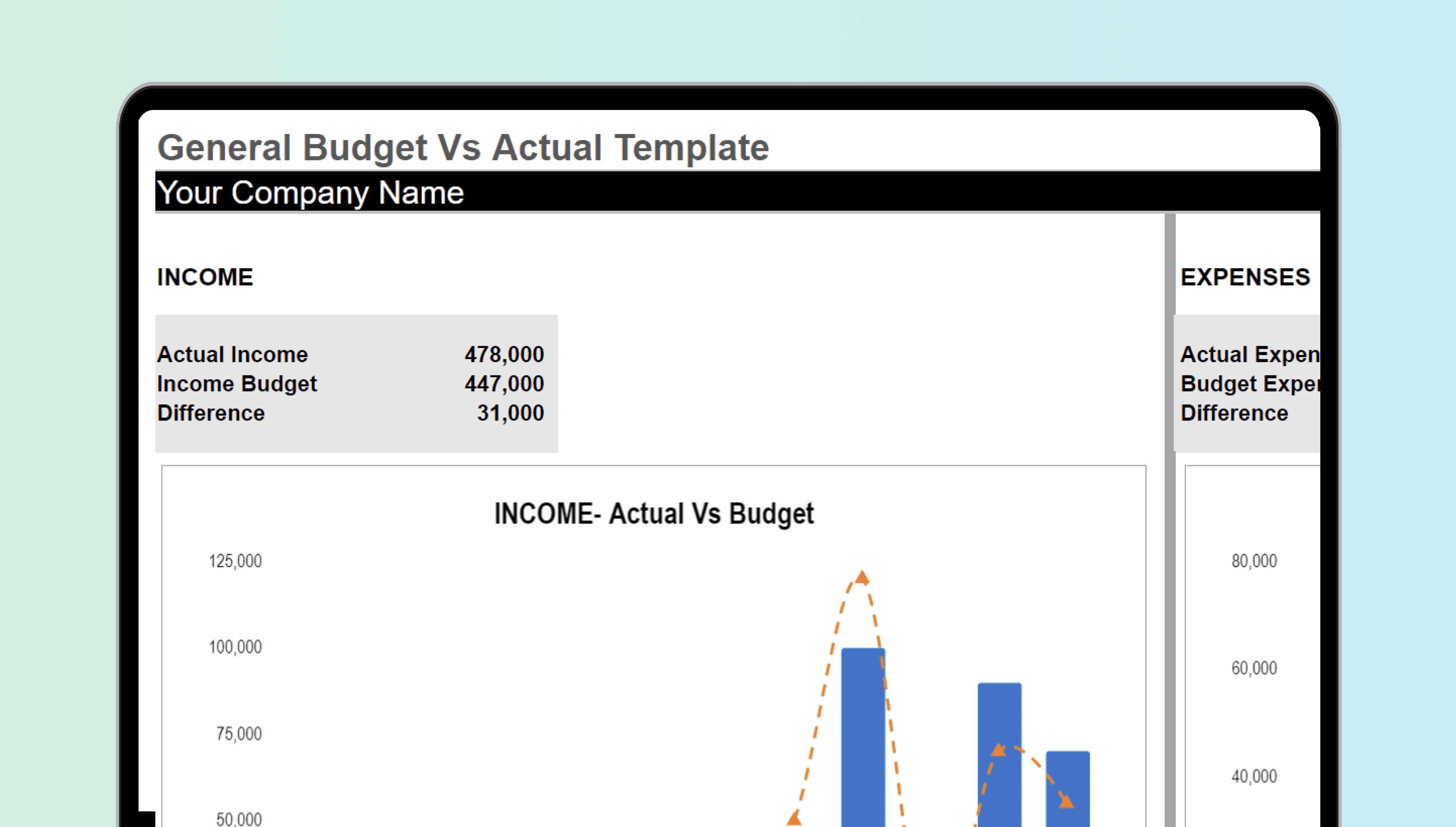 Excel spreadsheet showing 'General Budget Vs Actual' comparison for accounting purposes