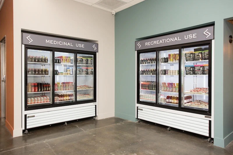 Kannabis Works product refrigerators for medicinal use, clearly labeled and well-lit.