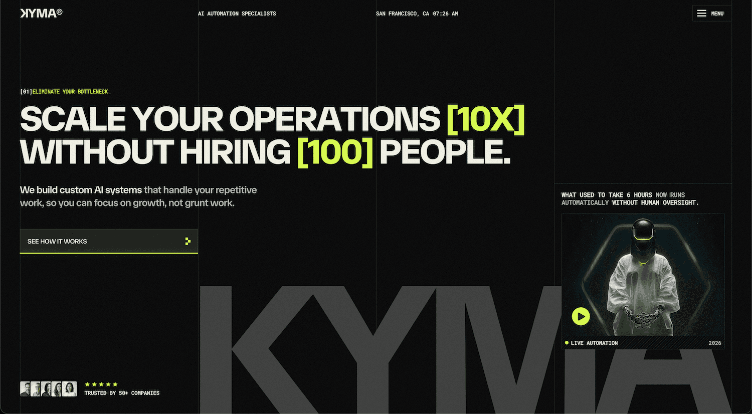 Kyma AI agency Framer template hero section with structured layout and B2B-focused design