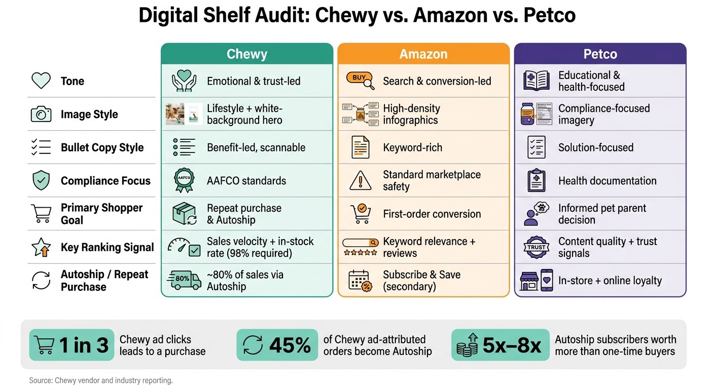 Chewy vs. Amazon vs. Petco: Digital Shelf Audit Comparison for Pet Brands