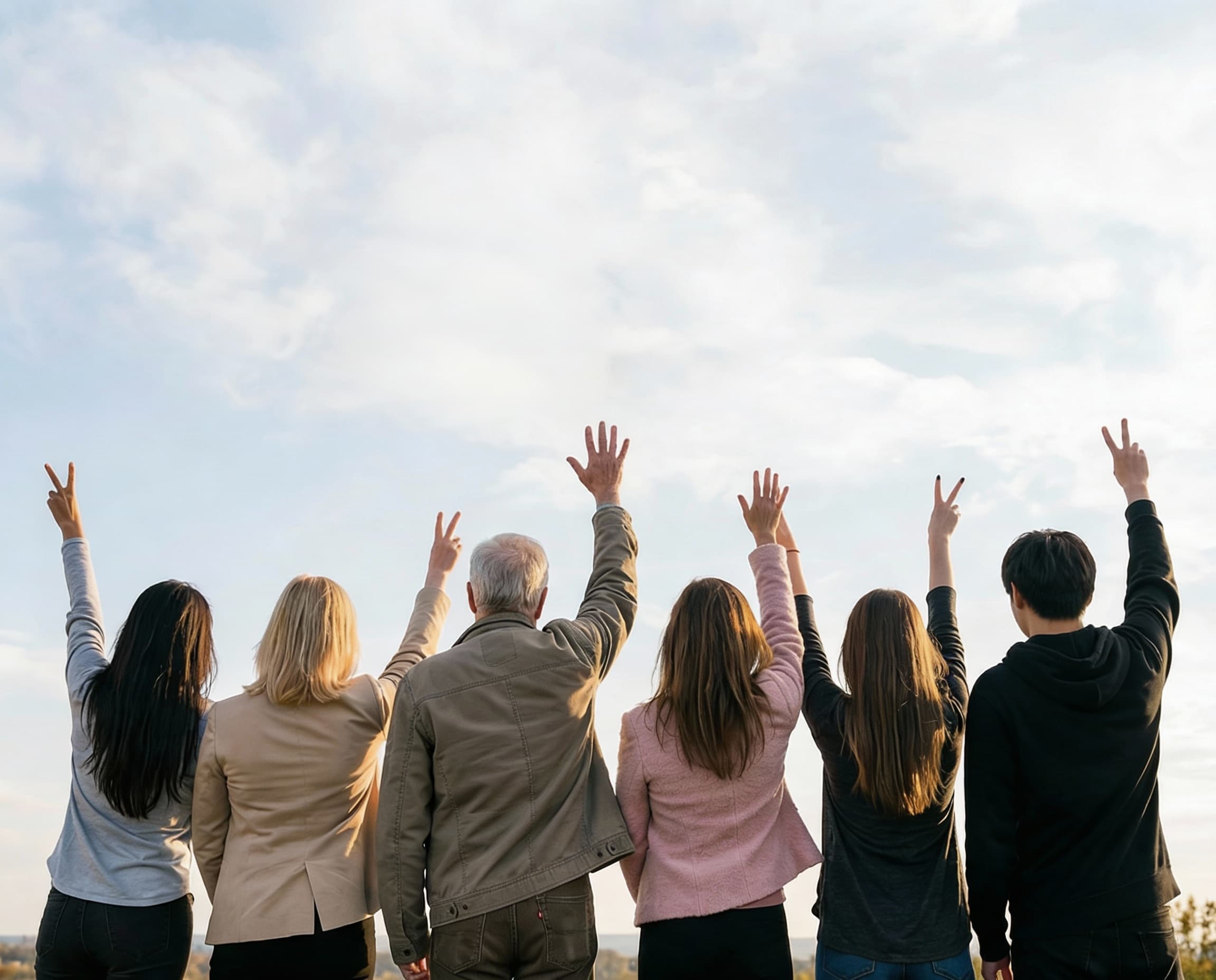 Group of people standing together with raised hands outdoors