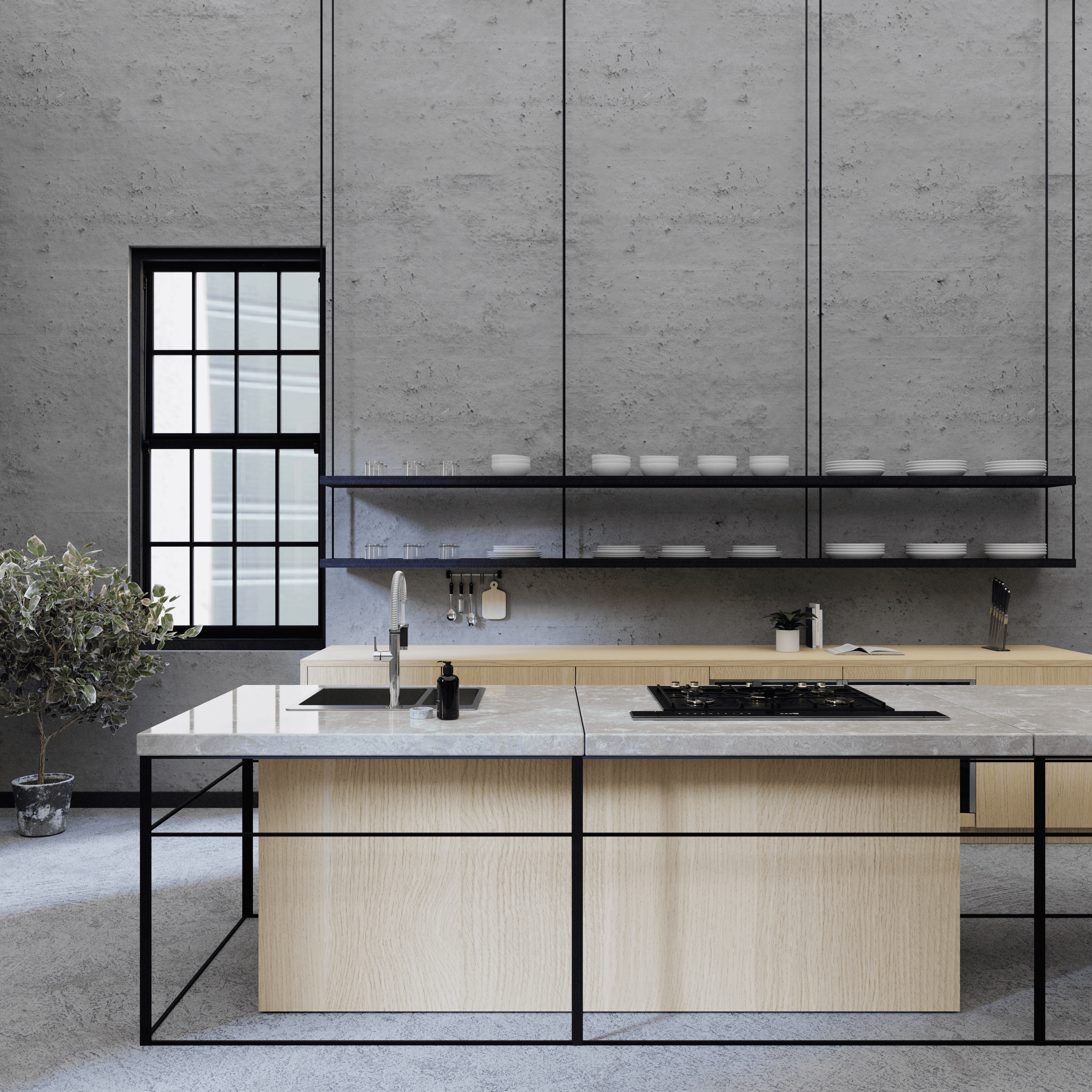 Rendu 3D cuisine minimaliste bois clair et béton avec îlot central, loft industriel — Aure Moukala