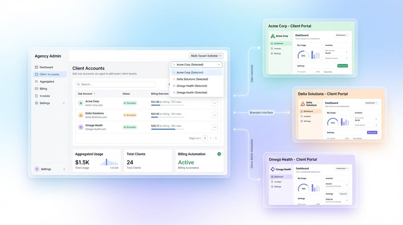Multi-tenant agency dashboard managing client accounts with branded portals, isolated data, and automated billing | VoiceAiWrapper