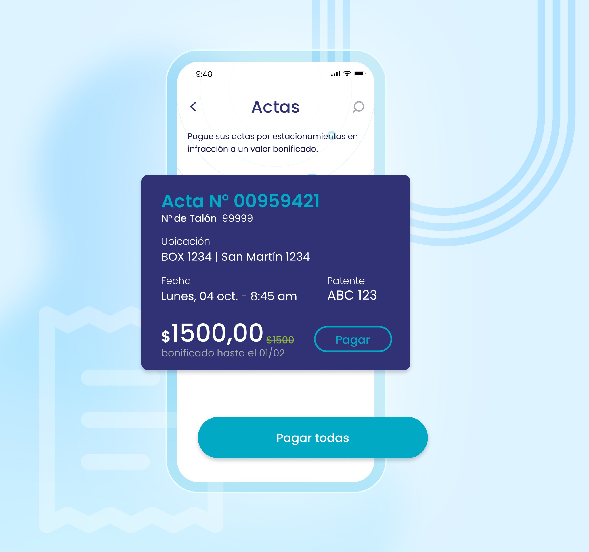 pantalla de pago de actas de infracción desde la aplicación móvil