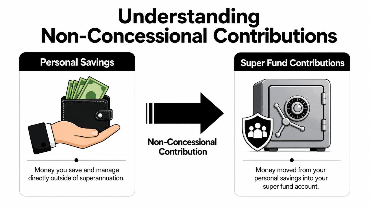 A diagram illustrating non-concessional contributions showing money moving from personal savings into a superannuation fund account.