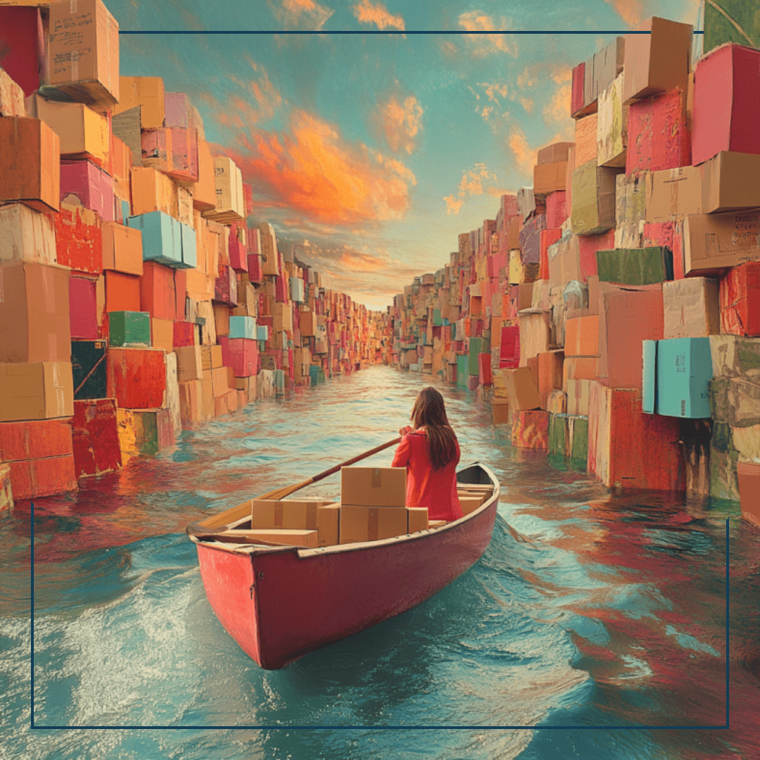 Eine Frau fahrt einen Fluss in einem Boot hinunter, das Ufer besteht aus Boxen