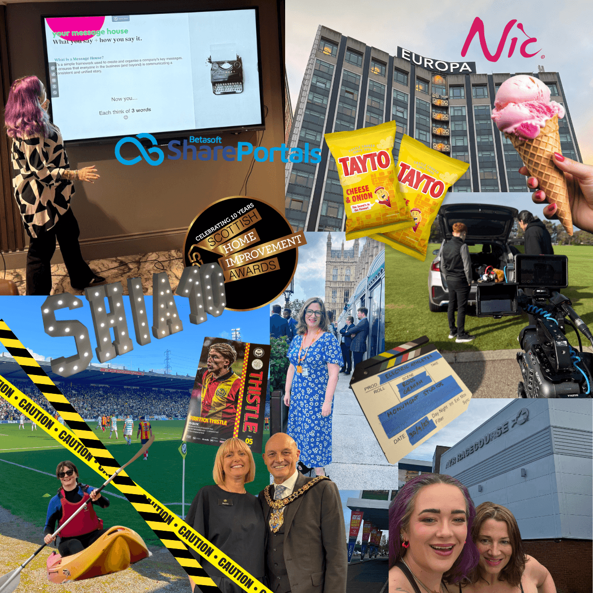 A collage of photographs taken over the course of 2025 of dot + del projects and people.