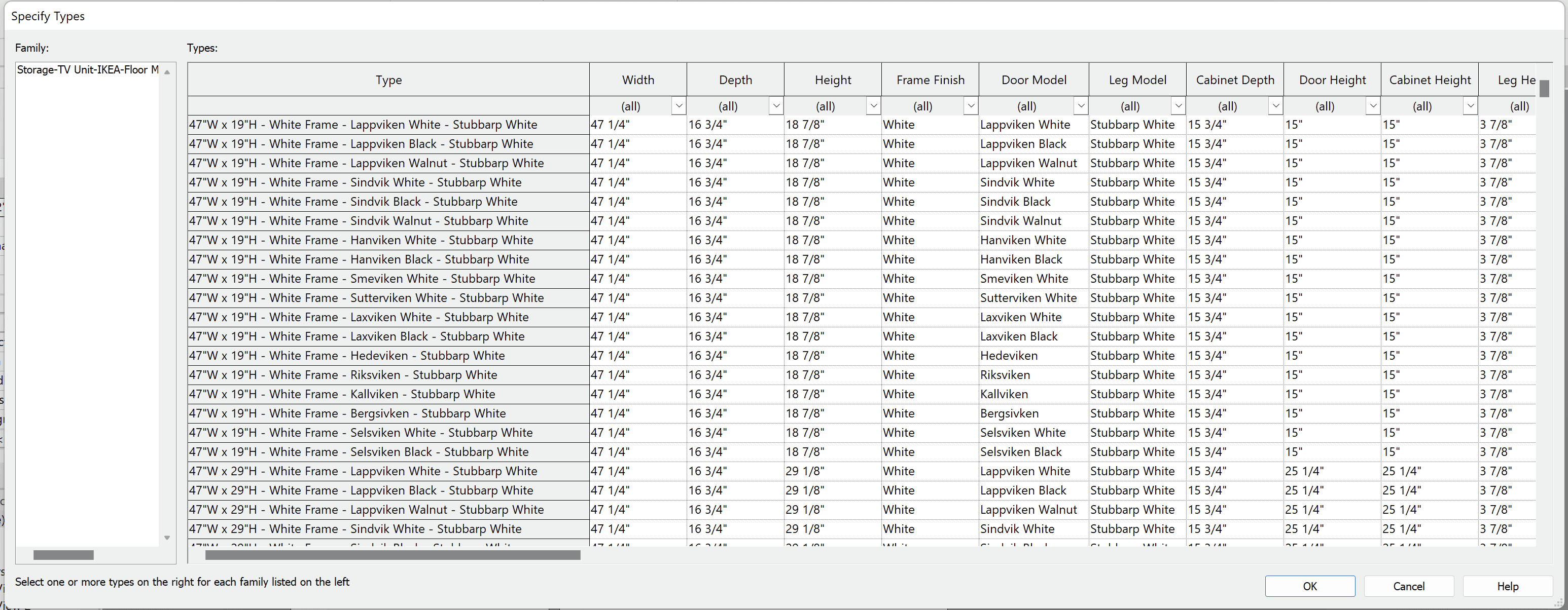 Type catalog showing type naming and breakdown.