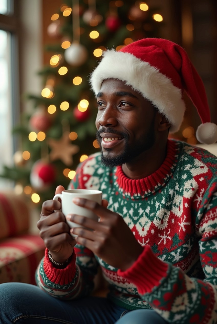 christmas black man with coffee