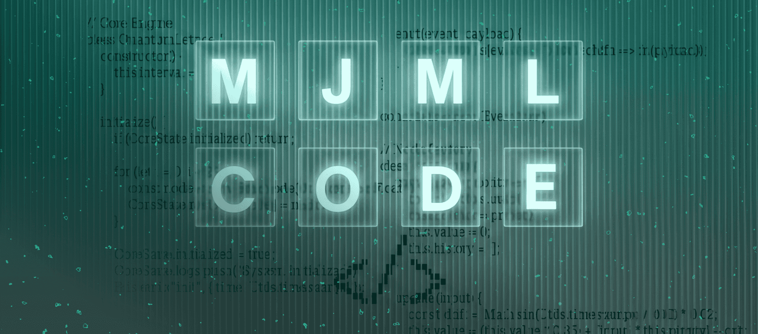 Illustrated MJML code editor surrounded by programming symbols and code blocks representing beginner-friendly email development examples.