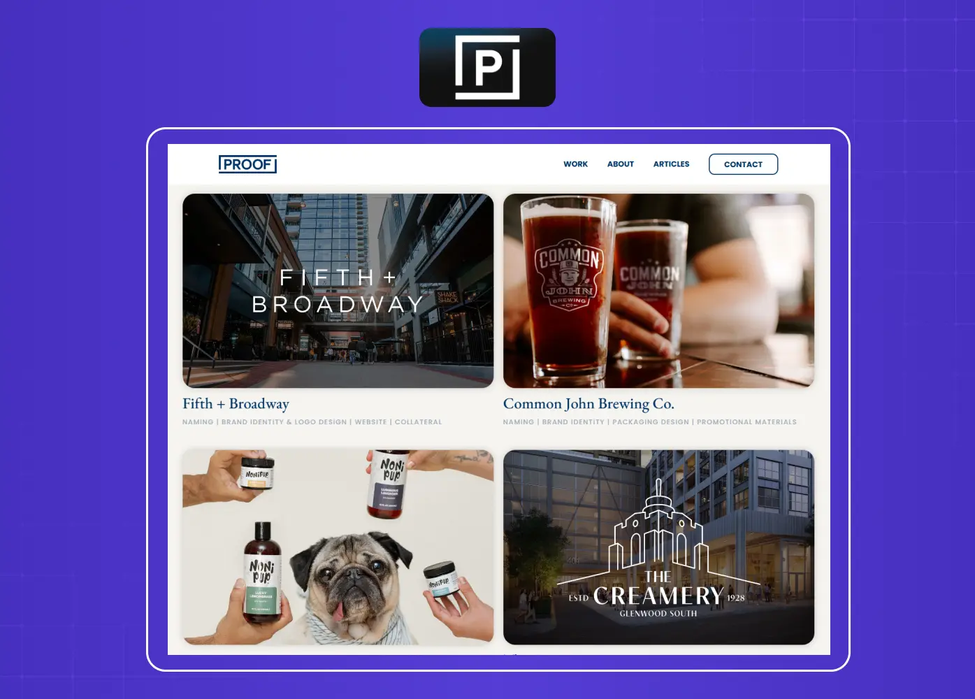 Agency portfolio grid displaying branding, packaging, and identity design case studies.