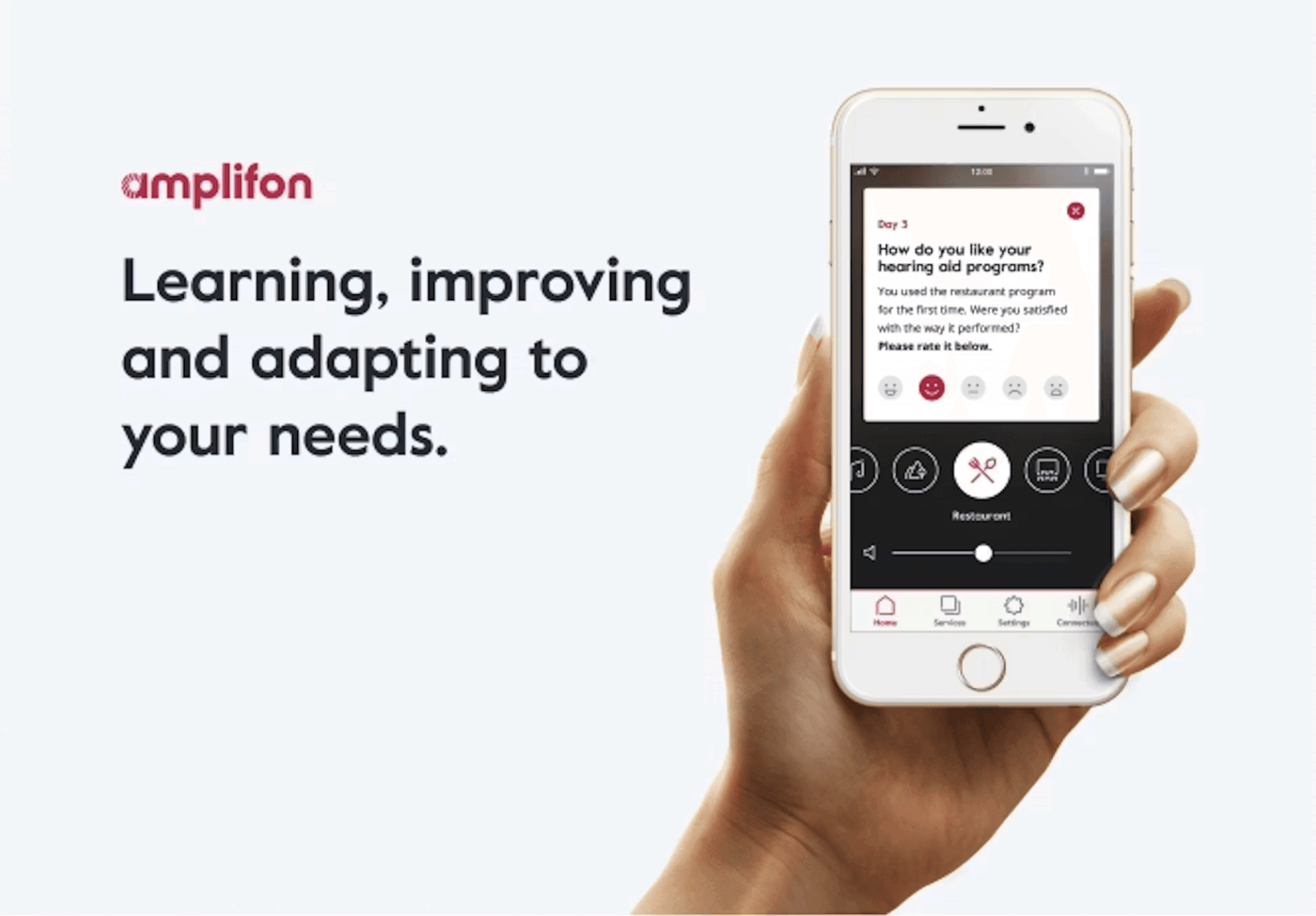 Image with an Amplifon app screen and a label: Learning, improving and adapting to your needs. 