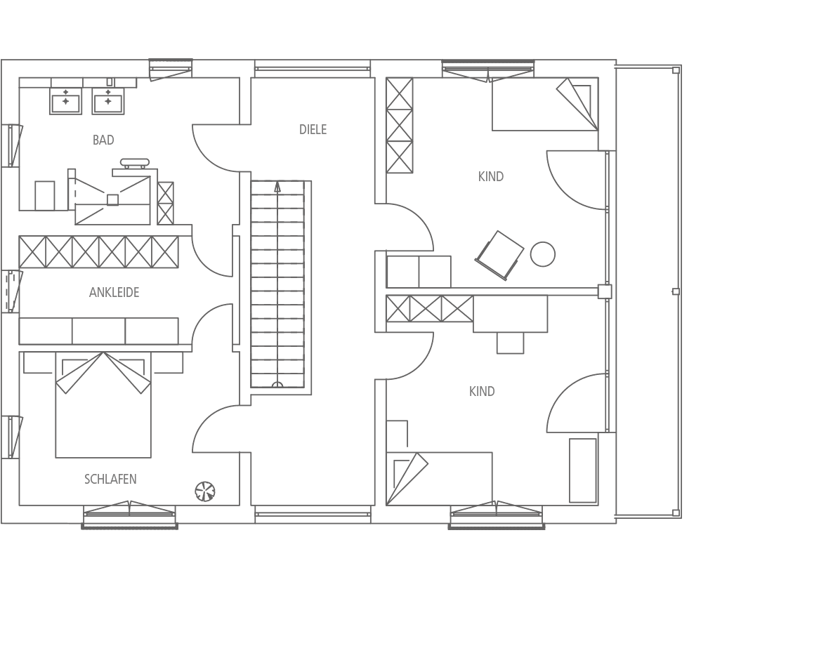 Grundriss einer Etage mit Diele, Bad, Ankleide, Schlafzimmer und zwei Kinderzimmern.