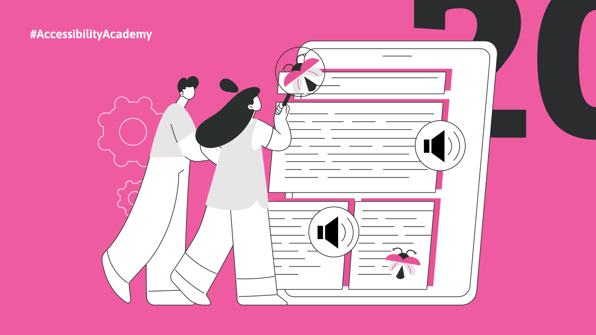 Dwie osoby testują ebook na dużym ekranie z lupą i ikonami dźwięku. Ilustracja symbolizuje walidację i kontrolę jakości dostępnych ebooków.