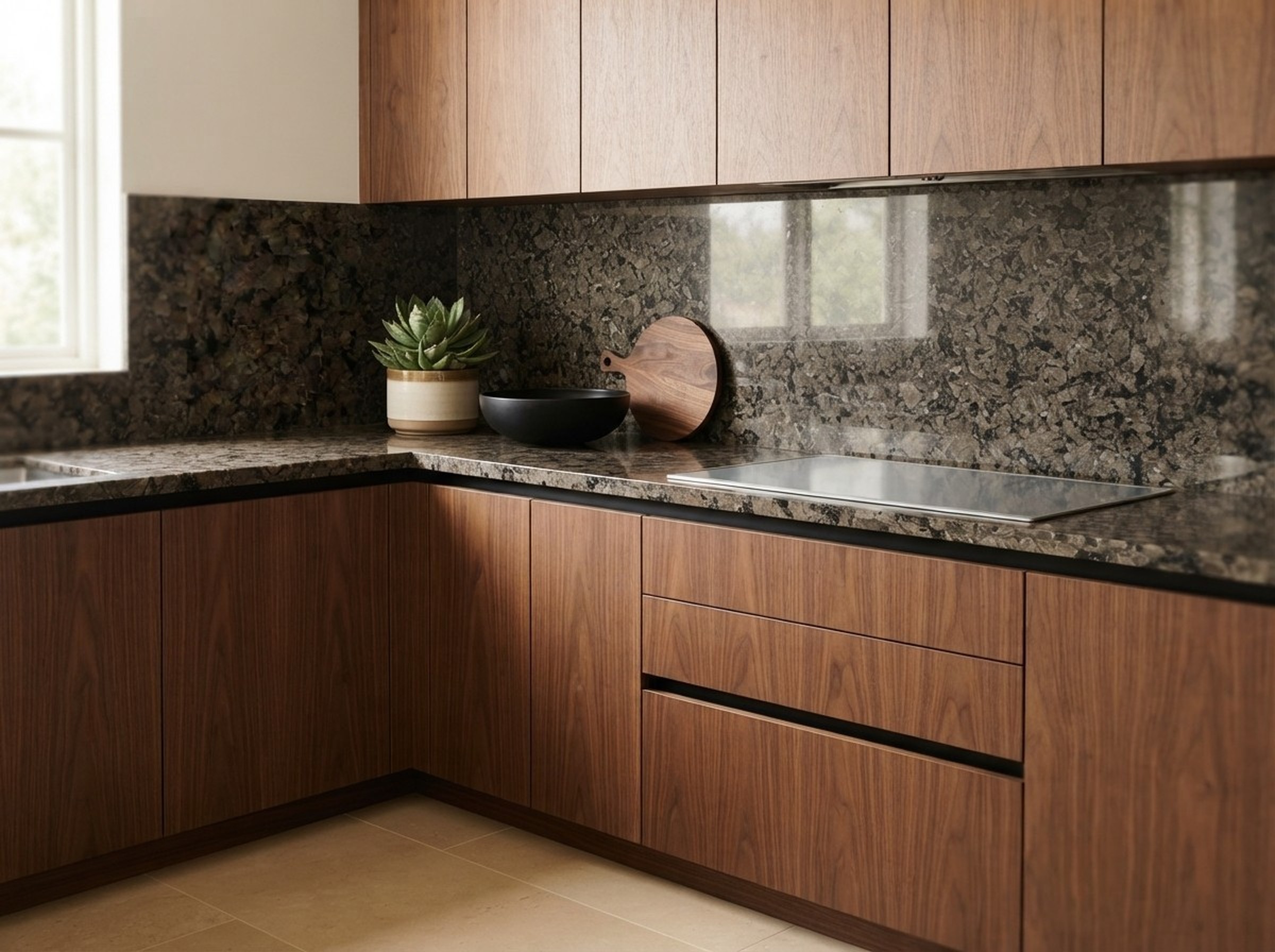 Kitchen with Tropical Najran Polished granite countertops and backsplash beside warm timber cabinets