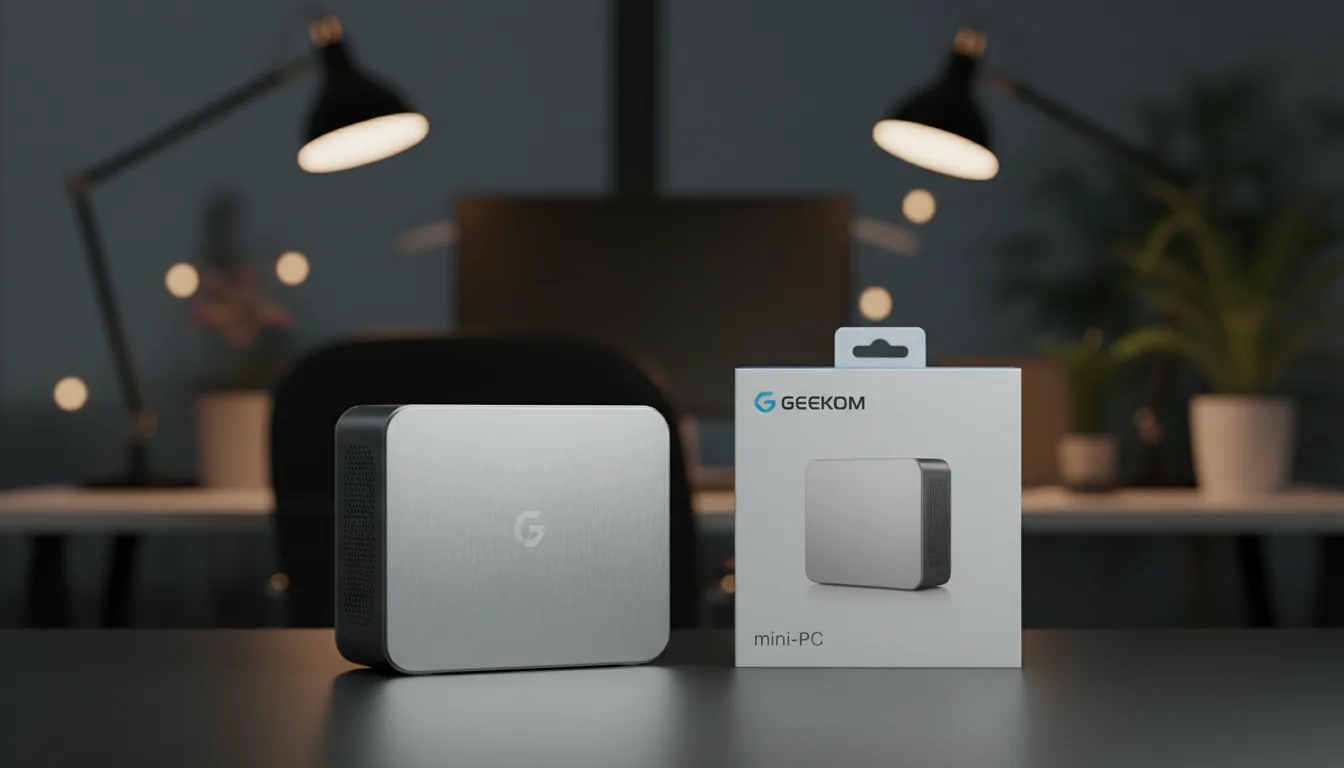 DSLR photography of a silver GEEKOM mini-PC workstation and its white product packaging box, set on a dark matte desktop. Soft studio lighting creating subtle reflections on the brushed metal chassis. The shot has a shallow depth of field, with a blurred office interior in the background creating a soft bokeh effect. Cinematic, professional product shot, eye-level angle.