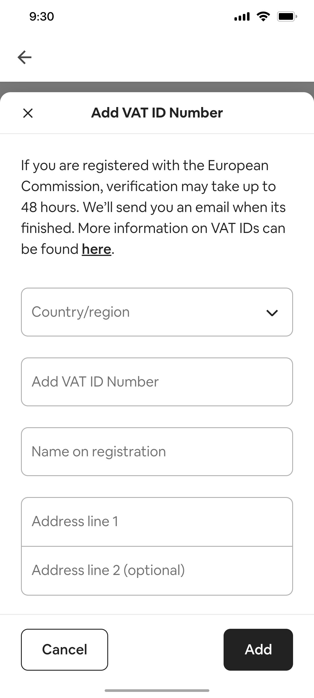 Airbnb VAT ID Number screen