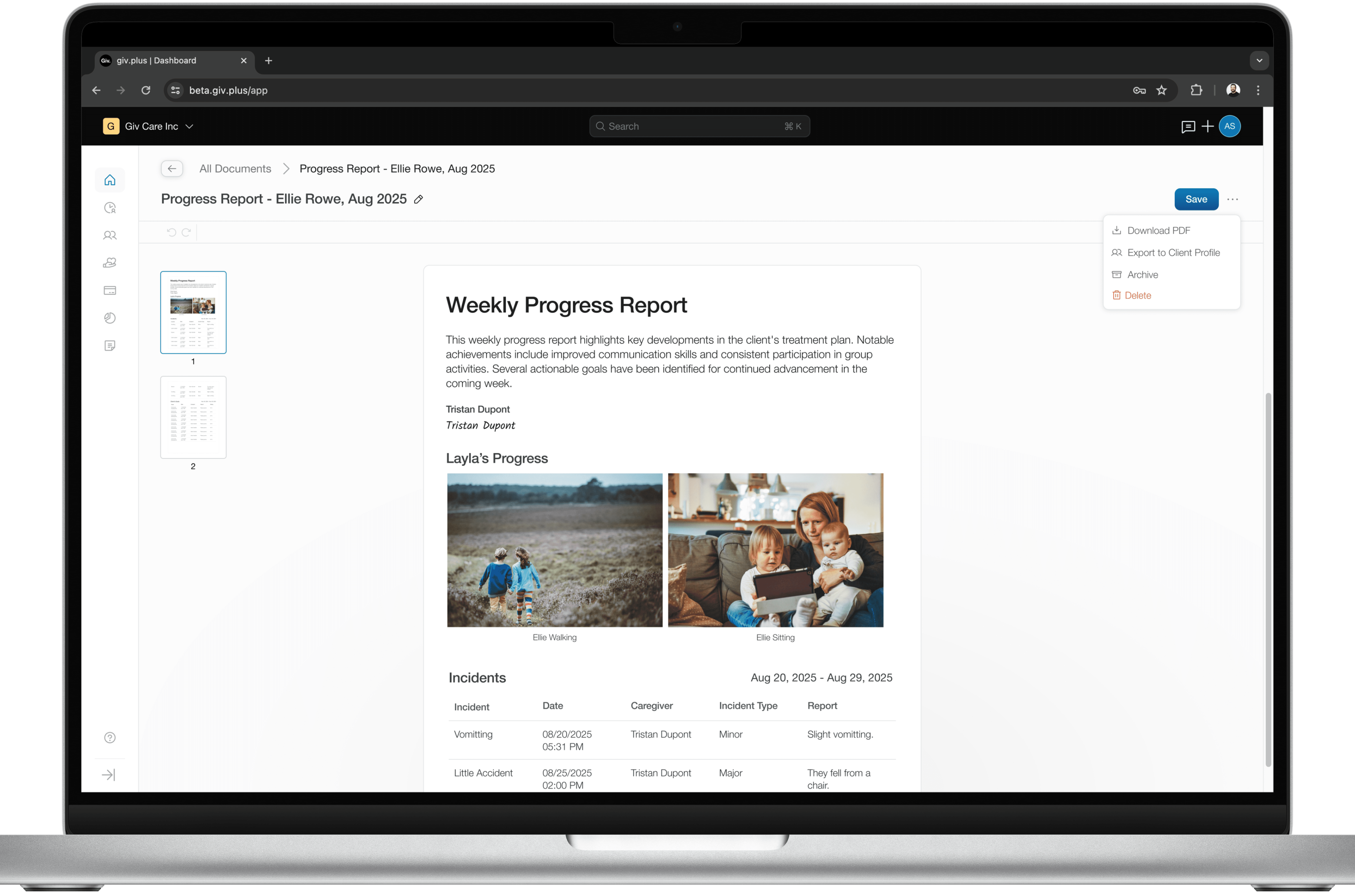 Weekly progress report.