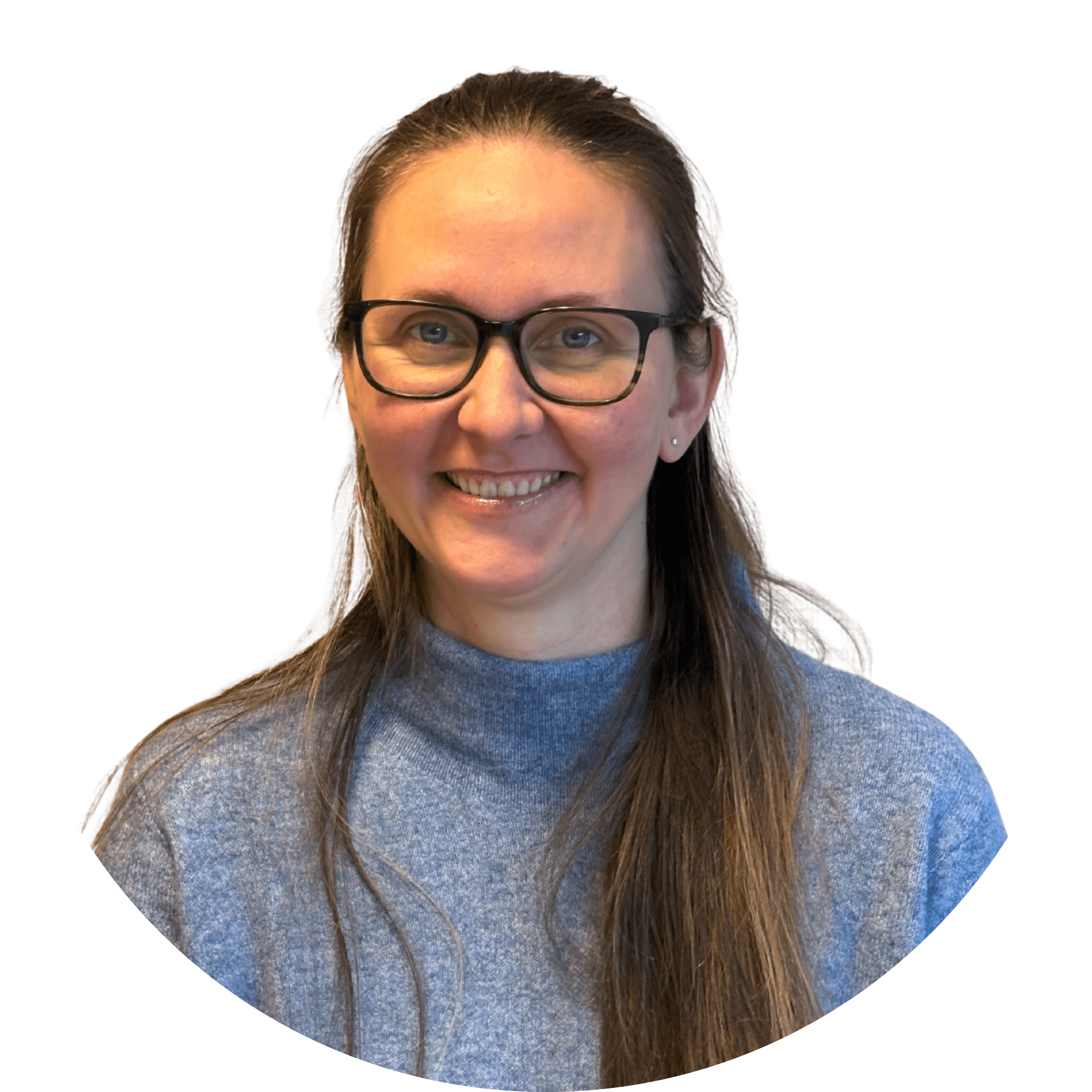 Woman long brown hair and glasses smiling