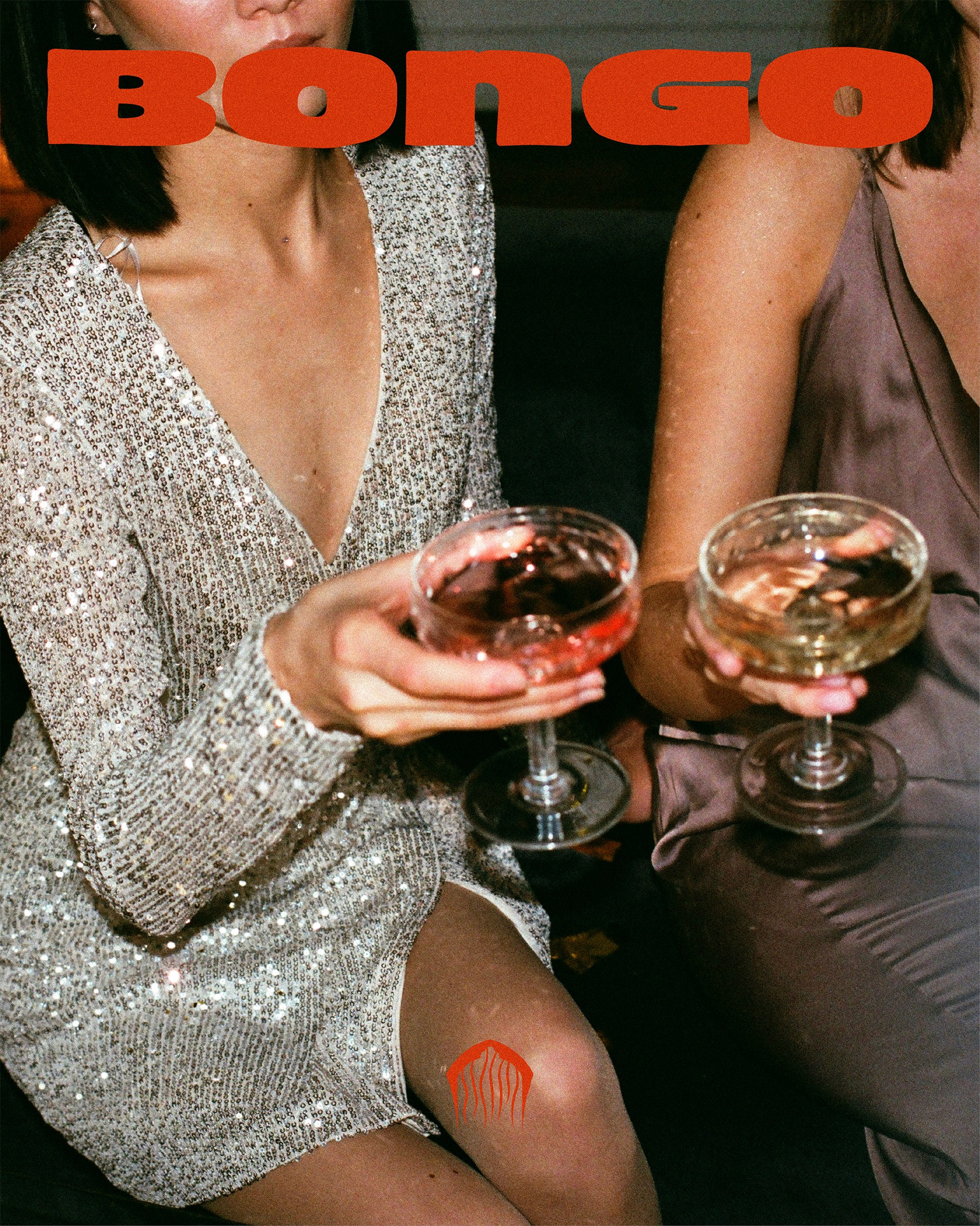 Festive scene with cocktails raised under the Bongo logo