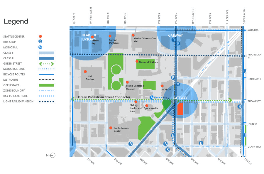 A site analysis diagram showcasing key landmarks, transportation routes, symbolic gateways, and surrounding open spaces near the project site.