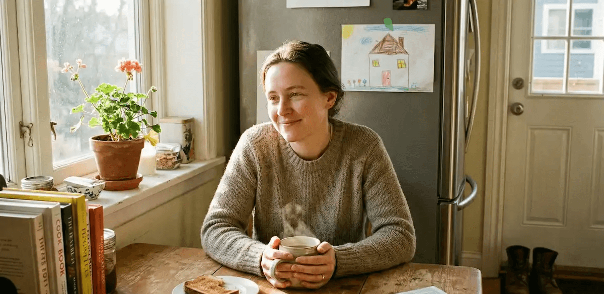 A middle age woman with short hair smiles gently as she sits at a rustic wooden kitchen table, holding a ceramic mug. She is looking out a window, and sunlight illuminates her face and the room. In the background, a child's drawing is on a refrigerator, and a geranium plant sits on the windowsill. A pair of worn boots is by a door. The atmosphere is warm and peaceful.