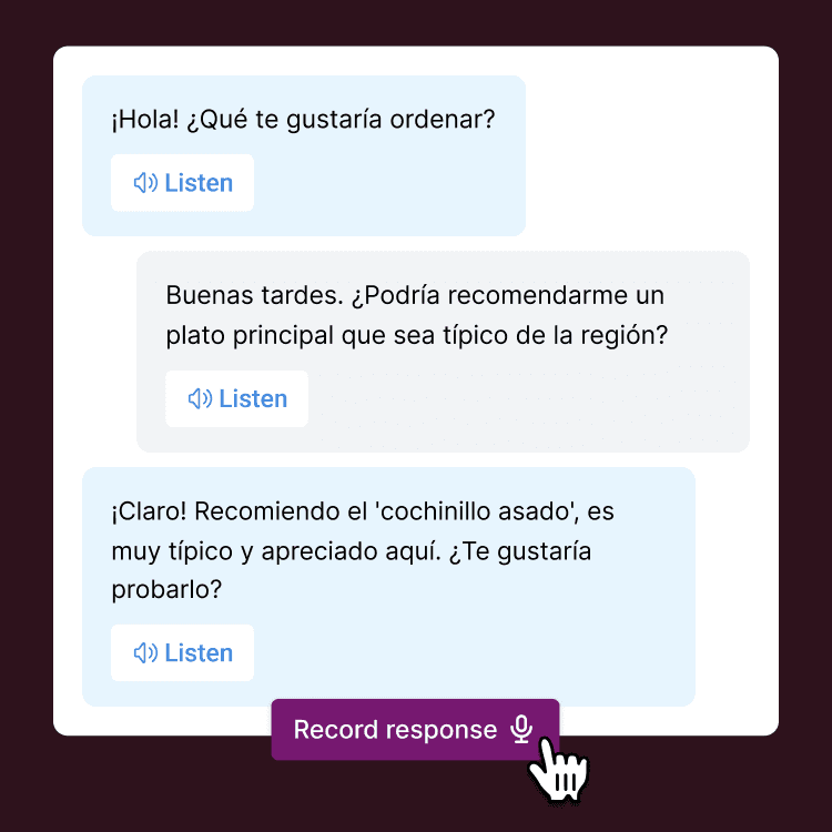 Chat example showing ability to listen and speak to the AI tutor