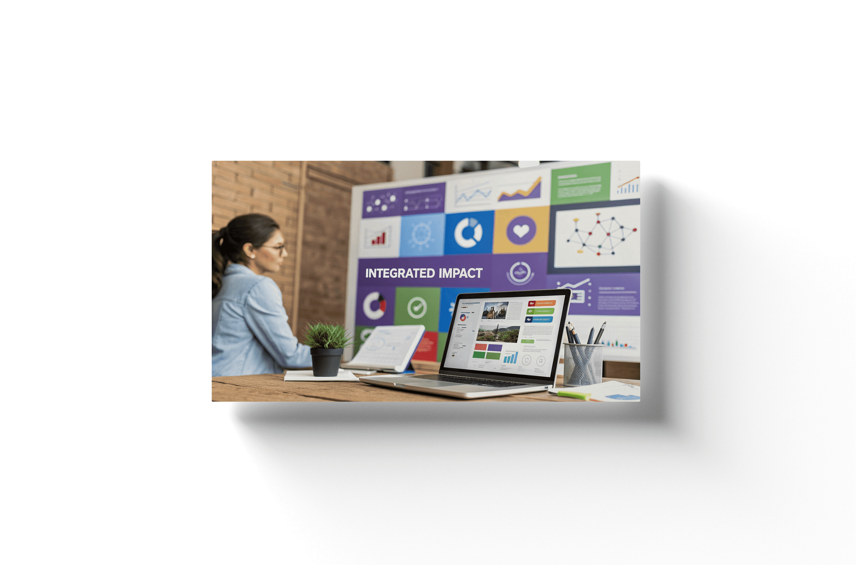 a cluttered office scene with a woman looking at a poster board displaying 'integrated impact'