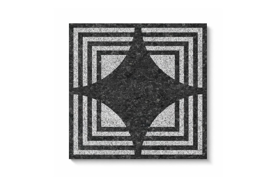 Zenith stone tile with layered geometric square and diamond pattern in textured grey surface for outdoor flooring