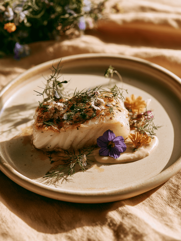 Pan-seared white fish fillet on a matte ceramic plate, garnished with fresh dill and edible flowers, warm natural light