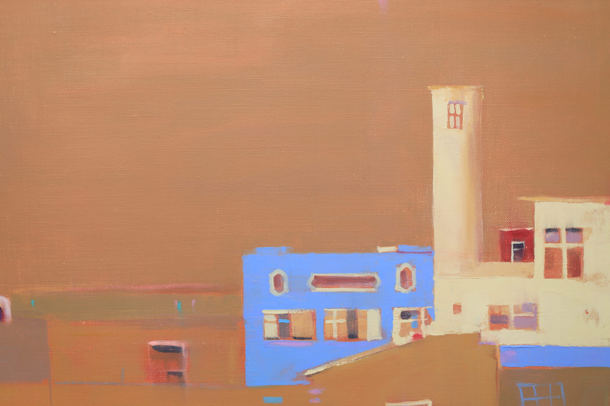 A serene abstract painting features a terracotta sky over minimalist architectural forms, including a notable blue building and a tall, cream-colored tower.