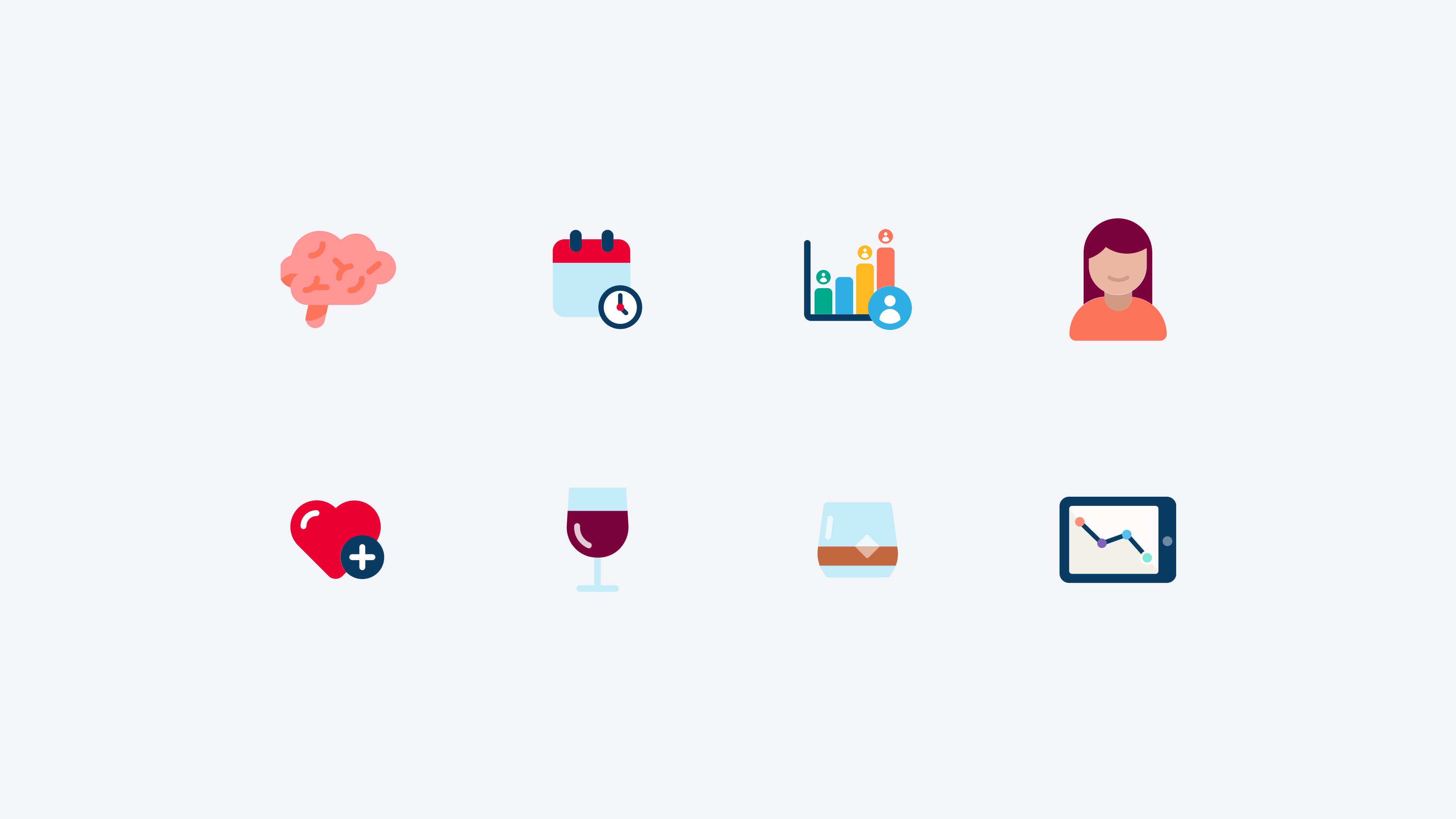 A grid of digital product design icons for a health app, including visuals representing a brain, calendar, data chart, user profile, heart, wine glass, whiskey glass, and a tablet with a graph.