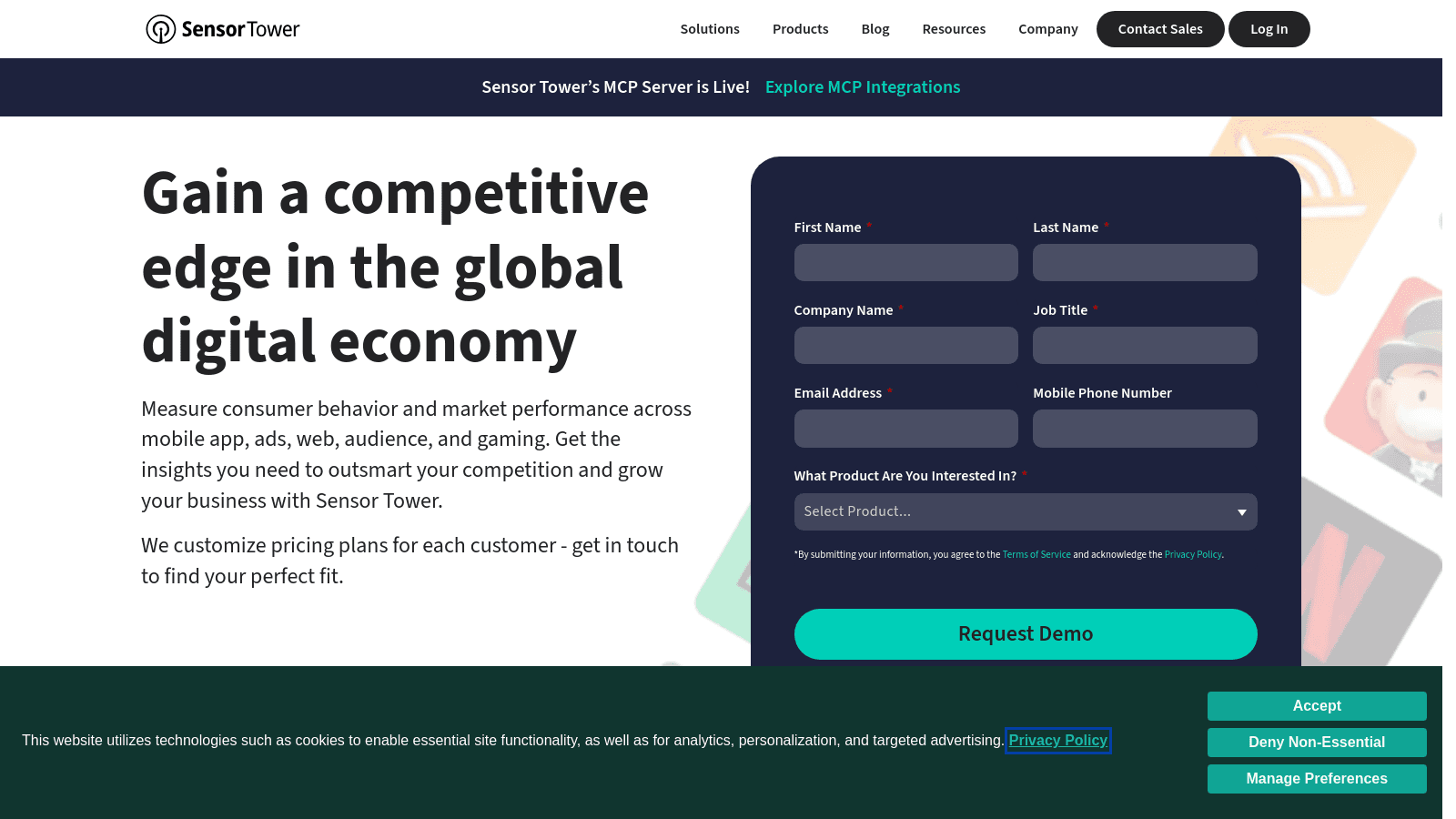 Sensor Tower pricing page with a contact form to request a demo for their digital market insights.
