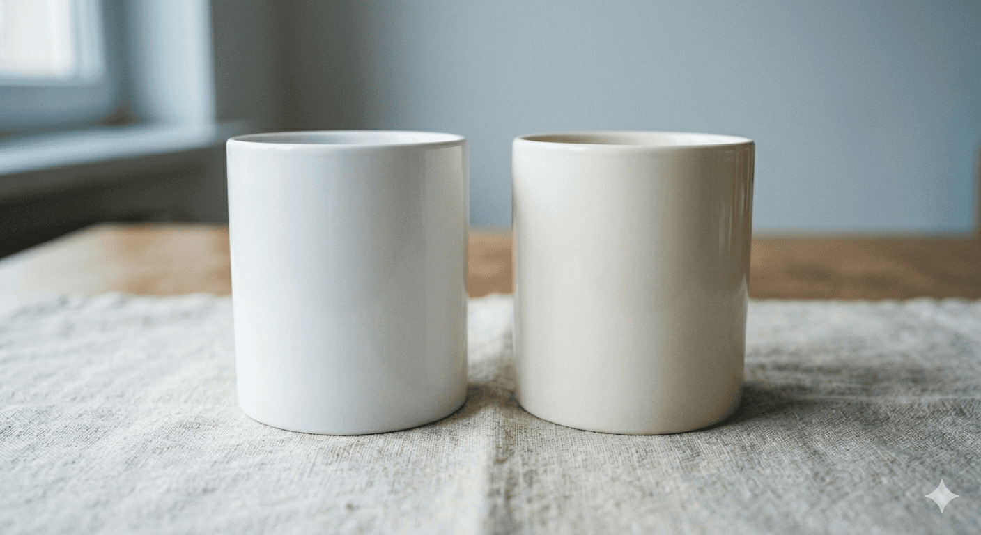 Two similar ceramic mugs side by side representing the comparison between Healthi and Eated approaches to eating change