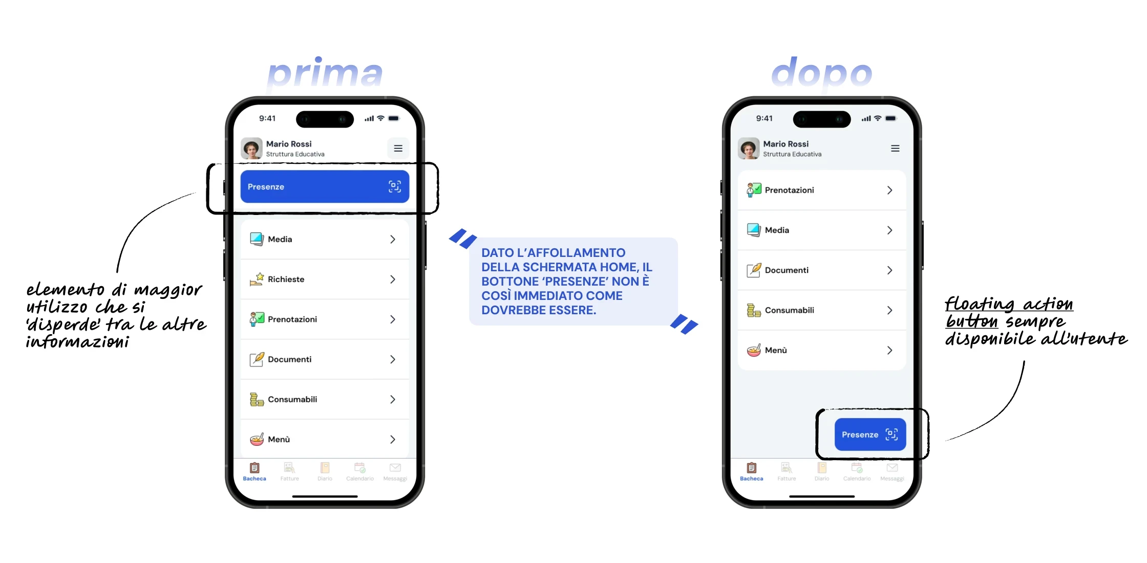 Comparazione di un'interfaccia prima e dopo lo user testing