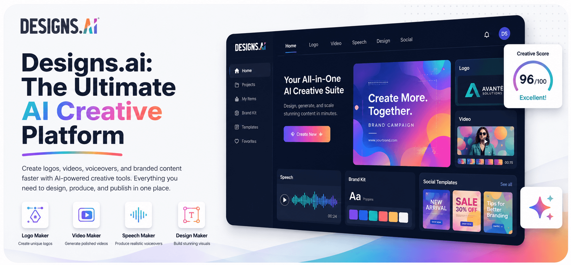 Designs.ai creative platform dashboard featuring AI tools for logo design, video creation, voiceovers, branding and social media content