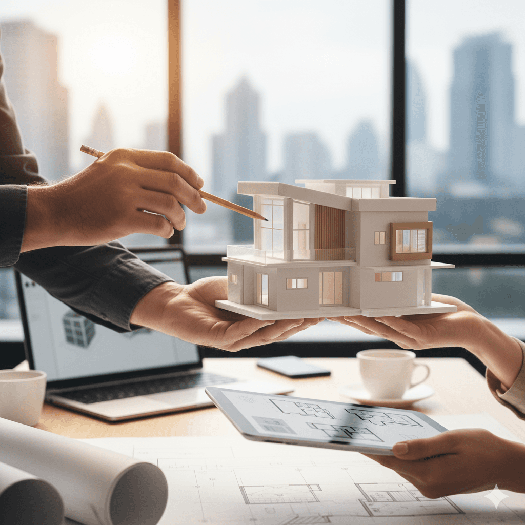 hands holding modern house model M3M plots design