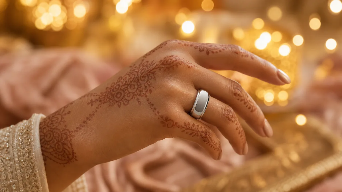 Henna-decorated hand wearing a silver smart tasbih ring against warm Eid lights
