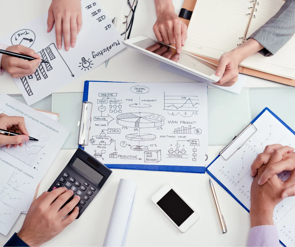 Marketers having an SEO content brief meeting