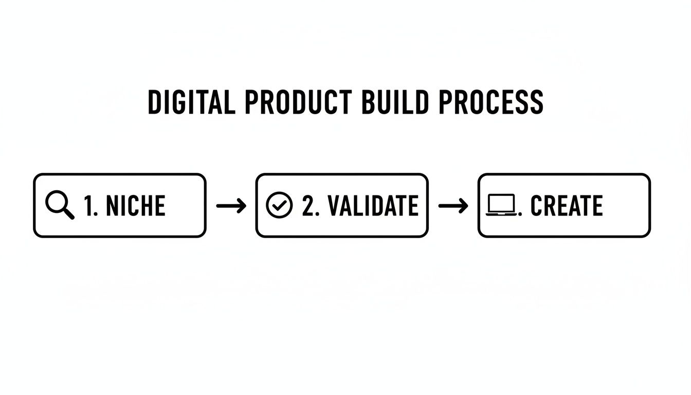 Flowchart illustrating the digital product build process, including steps like Niche, Validate, and Create.