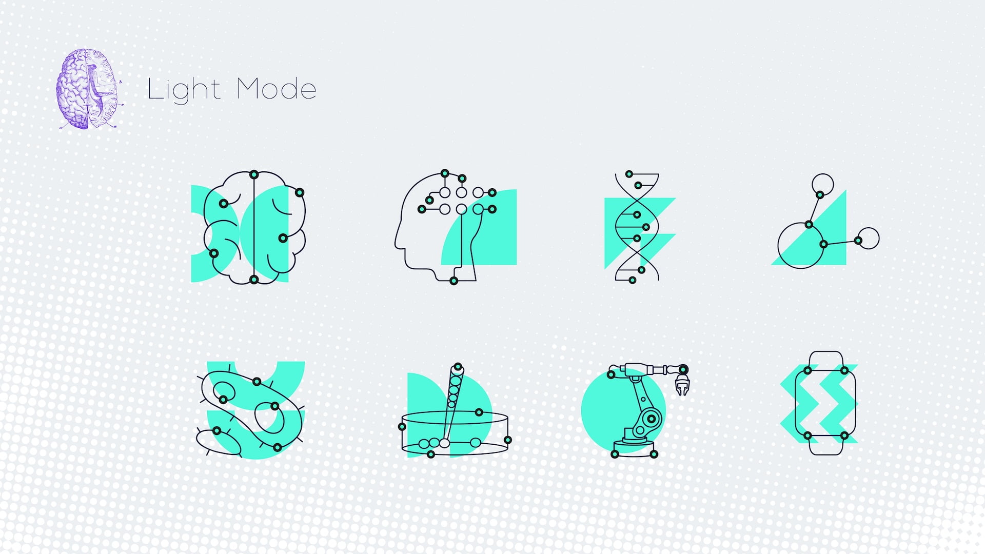 Neurolix AI light mode iconography set displaying eight custom line icons in cyan representing brain neural networks, AI head profile, DNA helix, molecular connections, prosthetic hand, brain-computer interface headband, robotic arm, and mobile device on light gray background.