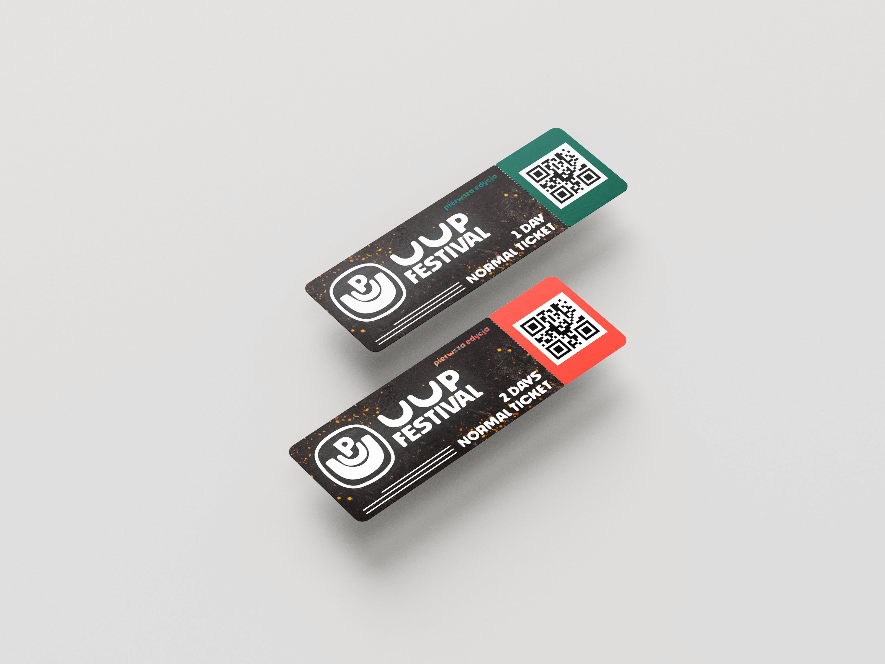 Two UUP Festival 2-day normal ticket mockups on light grey background, featuring the festival logo on dark textured surface with green and red QR code stubs