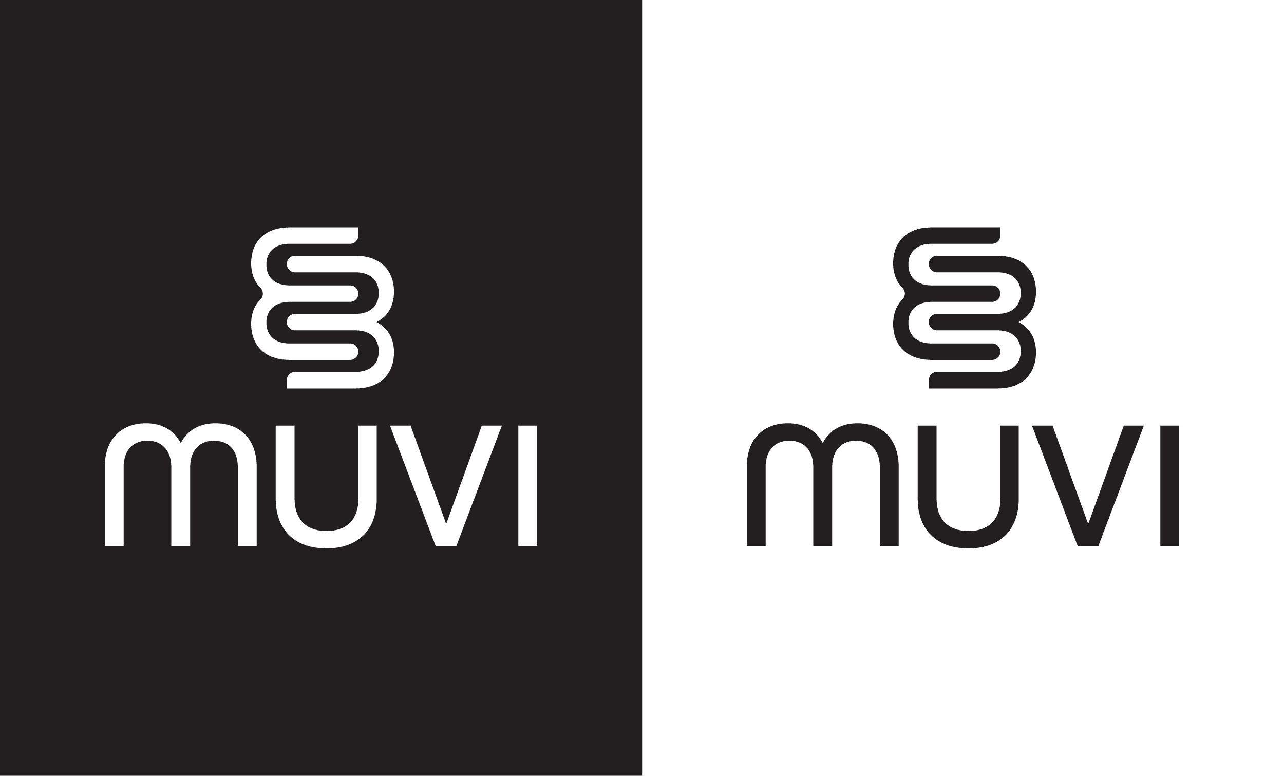 Black and white "MUVI" wordmark and logo 