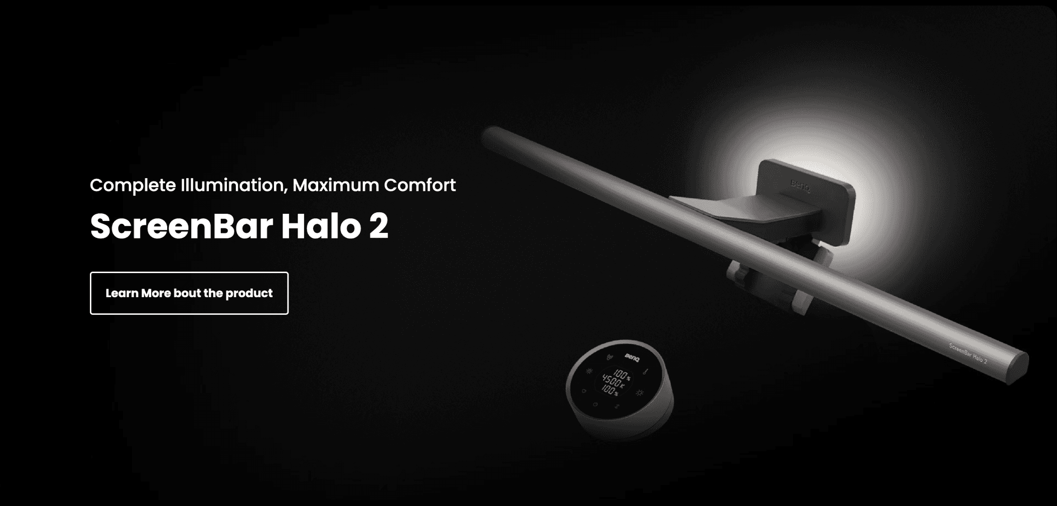 BenQ ScreenBar Halo 2 monitor light with wireless controller, shown glowing softly against a black background with the tagline “Complete Illumination, Maximum Comfort.”