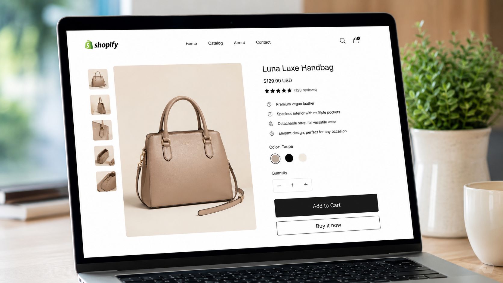 A laptop screen displaying a Shopify e-commerce product page for a premium taupe Luna Luxe handbag.